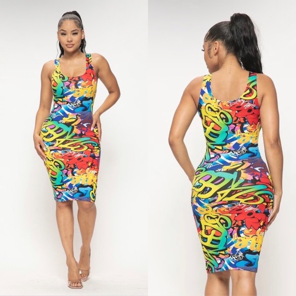 Dresses & Skirts - NEW TRENDY MULTI COLOR GRAFFITI TANK TOP BODYCON MIDI DRESS